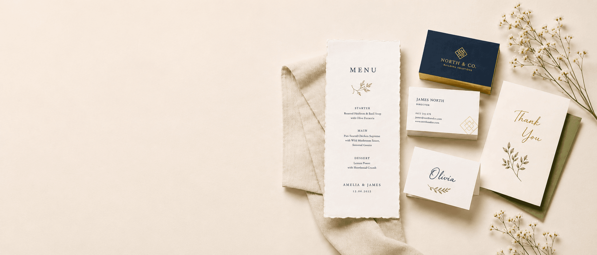 Premium printed menus, business cards and event stationery